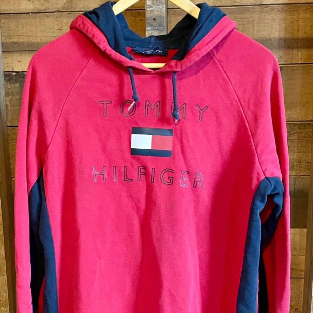 Tommy Hilfiger Colorblock Hoodie Sweatshirt Dress - Red/Navy - Large